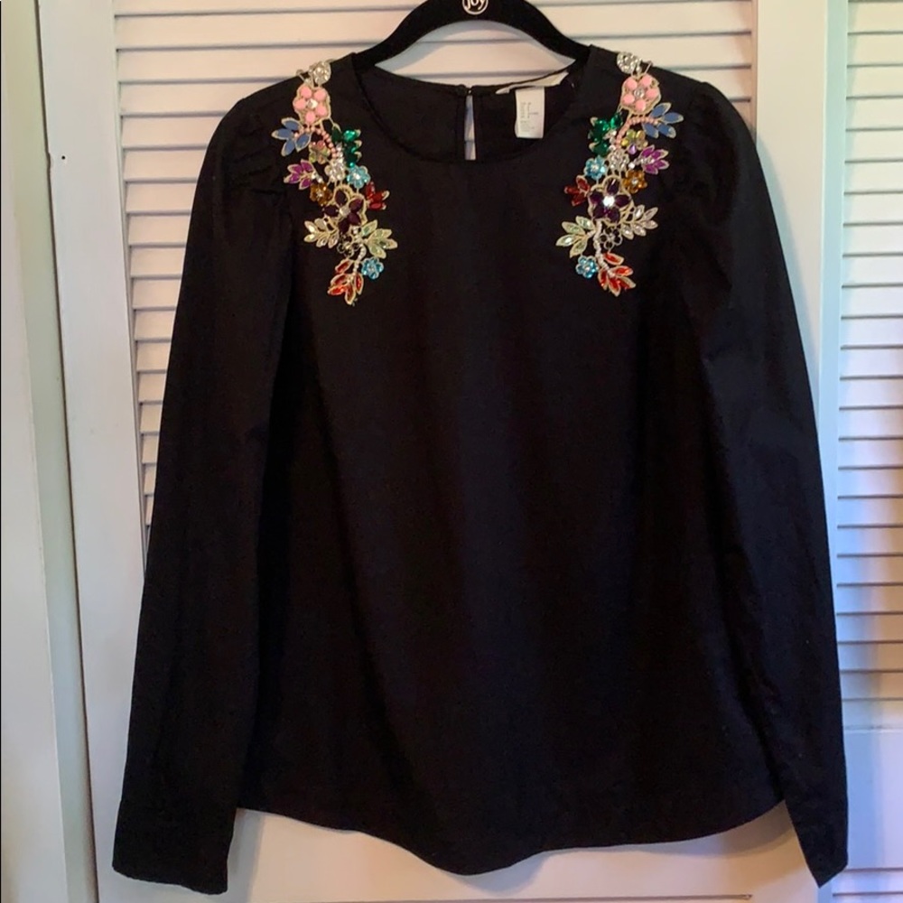 Embellished Long Sleeve Black Blouse